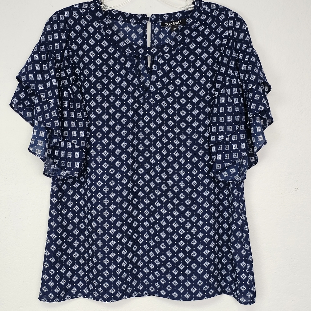 Roz & Ali Blouse Blue Silky Keyhole Neckline Ruffle Sleeve Sz XS Cottagecore